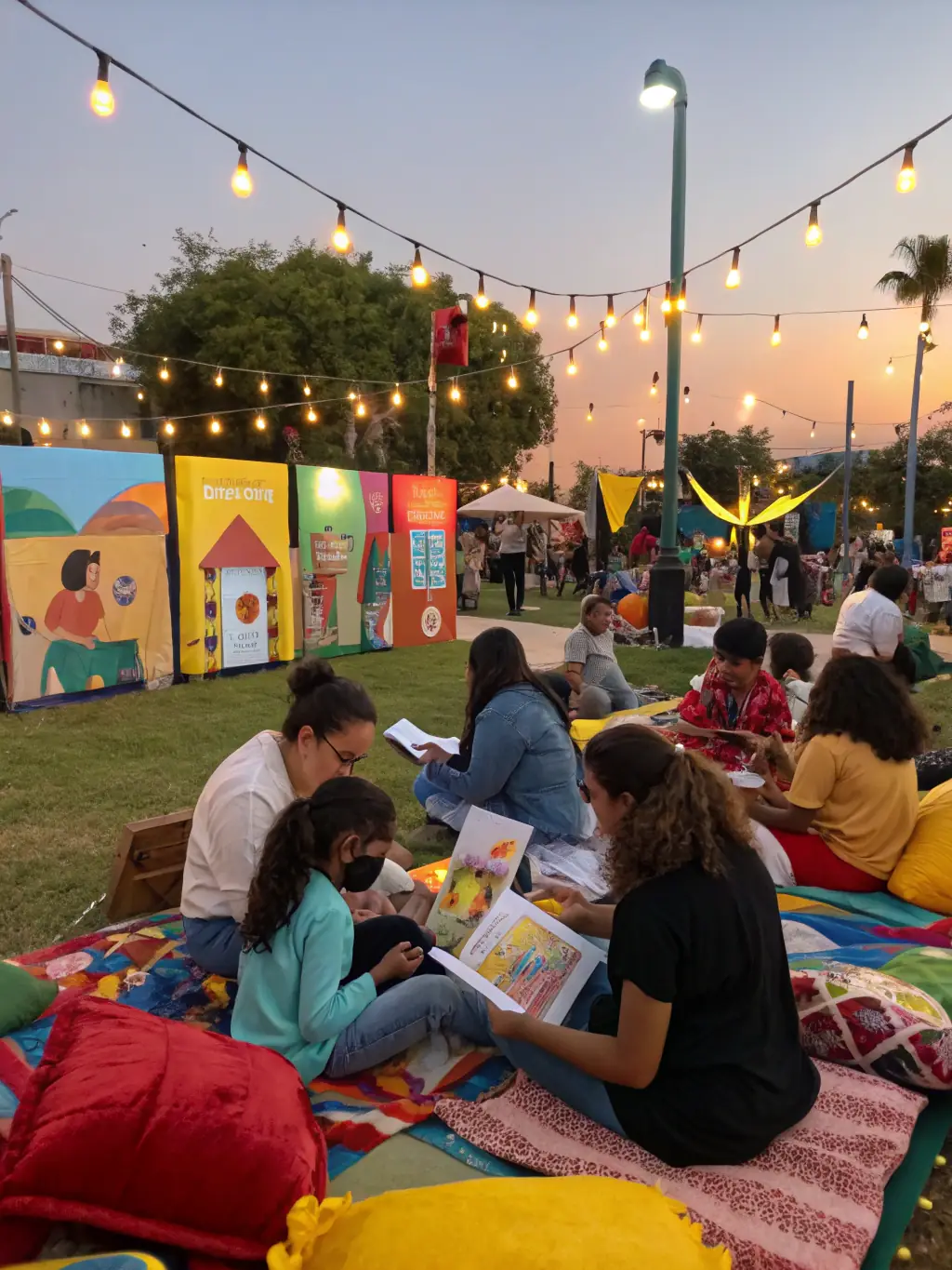 A community event organized by ASSOCIAT PLAISIR DE LIRE, featuring books, activities, and families enjoying a day of reading and learning together.