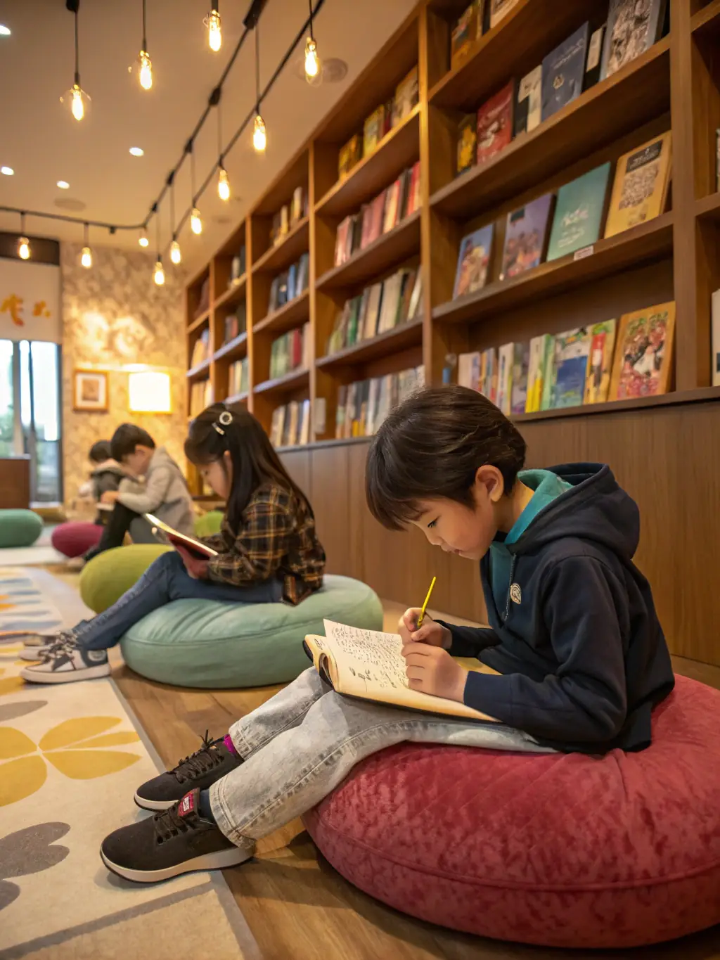 An image depicting a group of children participating in a storytelling session at a local library, with a volunteer reading aloud from a colorful picture book. The scene is warm and inviting, emphasizing the joy of reading.