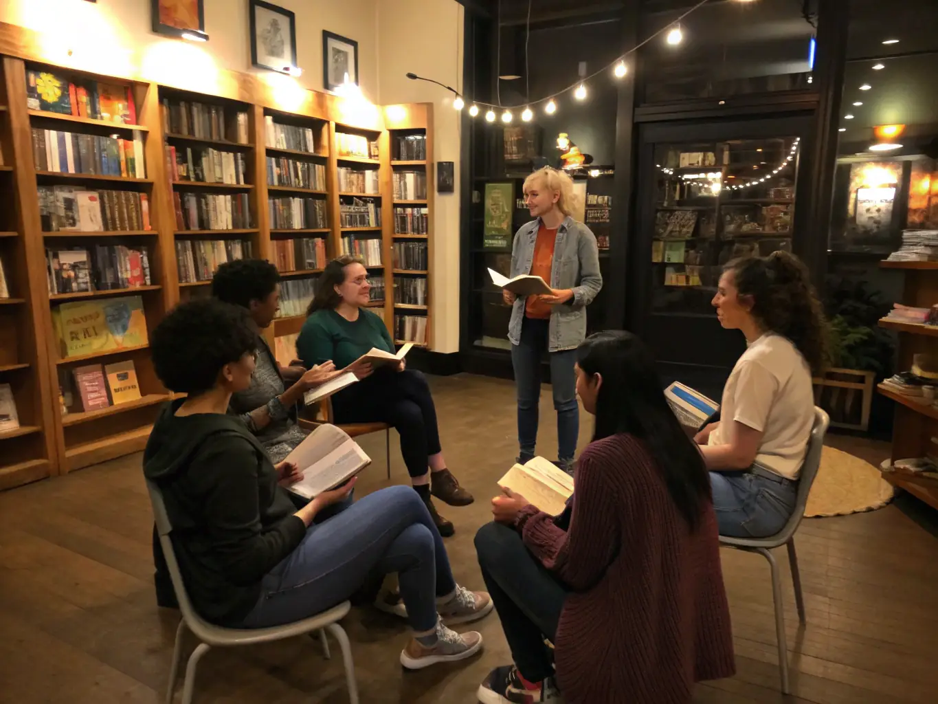 A photograph showcasing adults participating in a reading workshop, with a facilitator guiding the discussion. The setting should be a comfortable and inviting space, encouraging open dialogue and shared learning.
