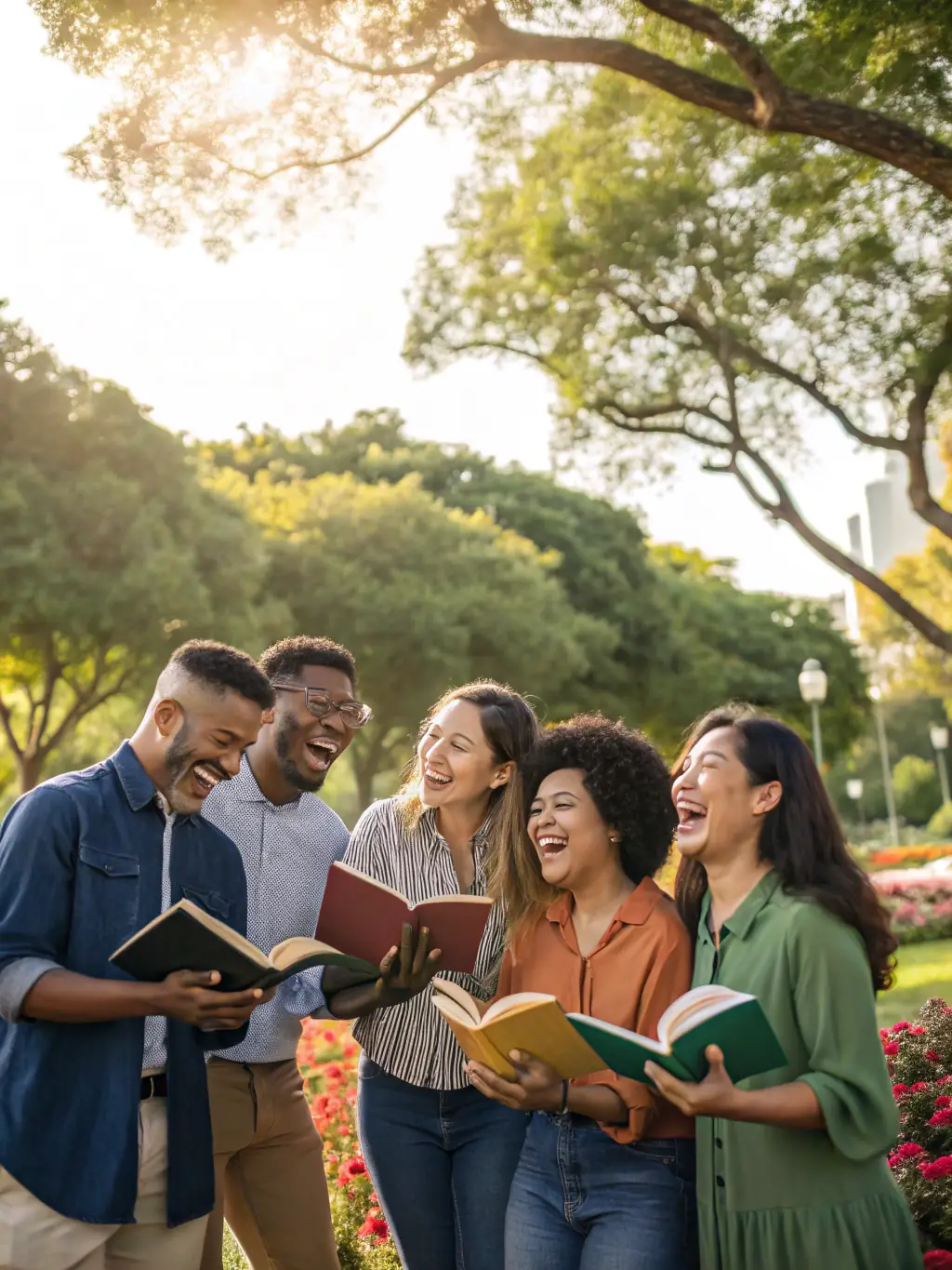 An image showcasing a community book club meeting in a park, with participants of diverse ages and backgrounds sharing their thoughts on a recent read. The scene is vibrant and inclusive.