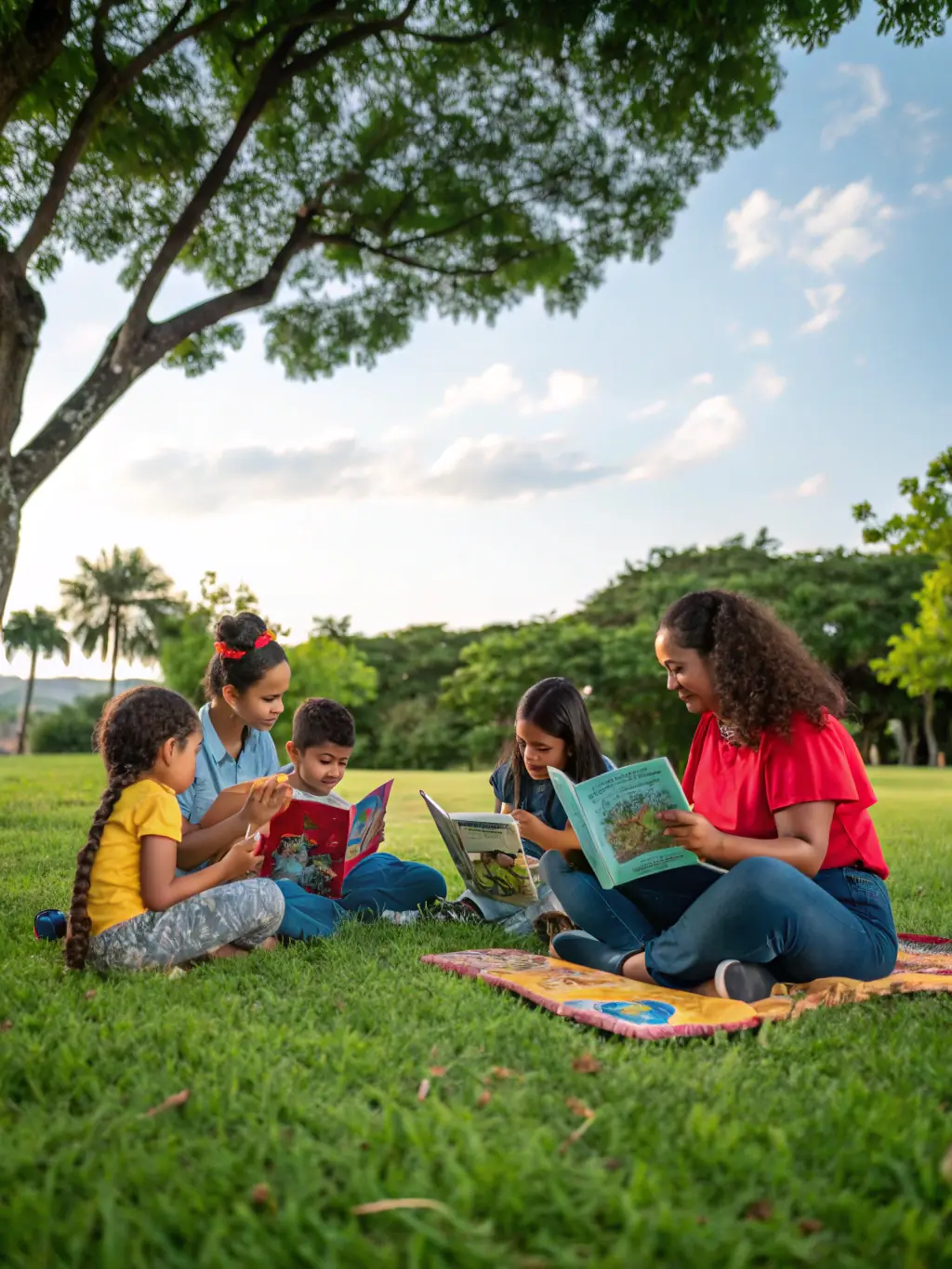 A group of children sitting in a circle, listening attentively to a storyteller during a reading session organized by ASSOCIAT PLAISIR DE LIRE, showcasing the joy of reading.