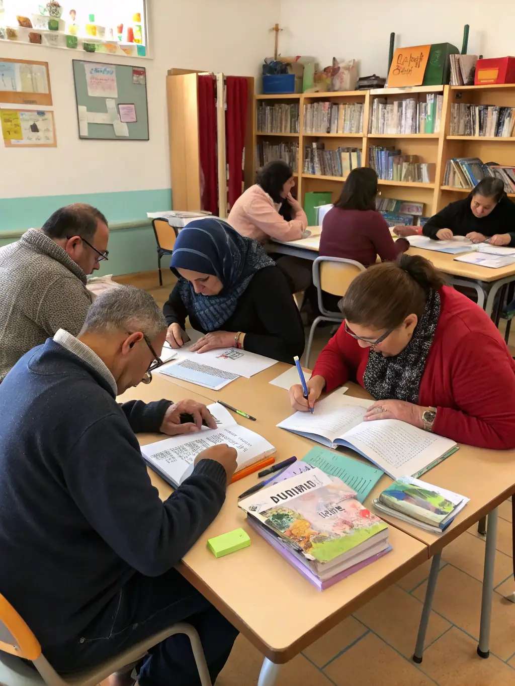 A diverse group of adults participating in a literacy workshop, focusing on improving their reading and writing skills with the help of ASSOCIAT PLAISIR DE LIRE.