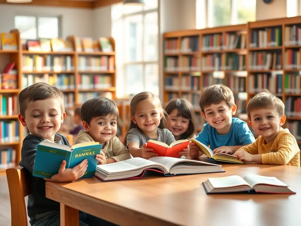 A vibrant image depicting children participating in a storytelling session at a local library, with a focus on their engaged expressions and the colorful books surrounding them. The scene should convey a sense of joy and discovery.