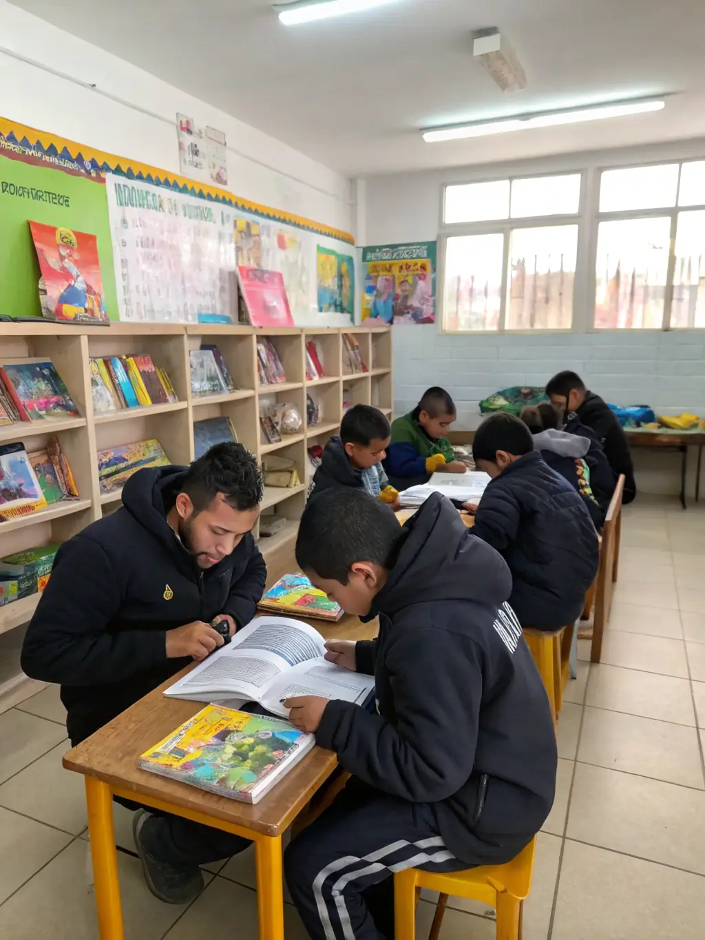 Volunteers assisting children with their reading during a tutoring session, highlighting the personalized support offered by ASSOCIAT PLAISIR DE LIRE.