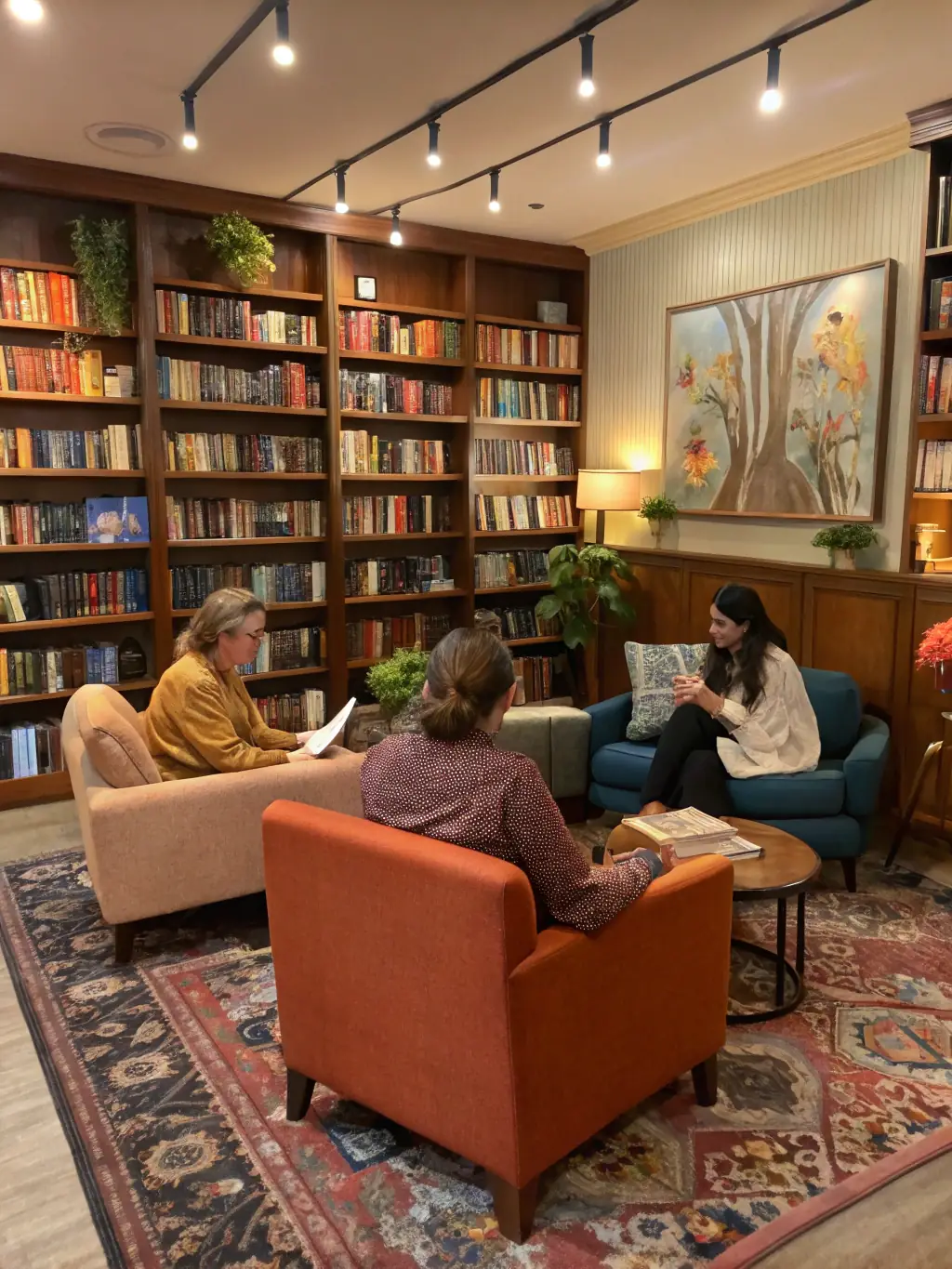 An image showing adults attending a reading workshop focused on classic literature, with participants actively discussing and analyzing passages from a book. The setting is a cozy community center.